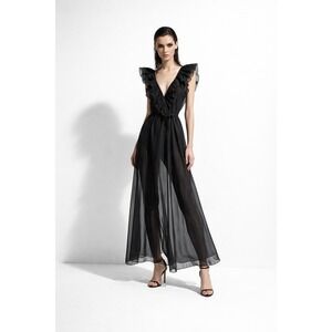 Designers Remix Sonia Long Gown 38 Black Ruffle V-Neck Maxi Dress Avant Garde